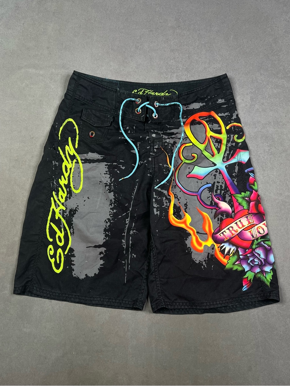 Ed Hardy Black Swim Board Shorts with Neon Tattoo Graphics